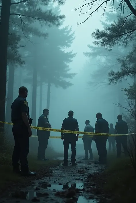 Close up of a  bag taped off with caution tape in the foggy forest with several worried police and ambulance and crying parents nearby, nightmare, dream-like, highest definition, highest detail, highest quality