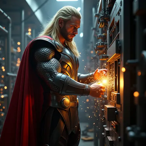 Here is a detailed prompt to create an image like the one you provided:

"Create a highly detailed and realistic image of a superhero resembling Thor, with long blond hair, wearing his iconic armor featuring silver and black designs, and a red cape. The su...