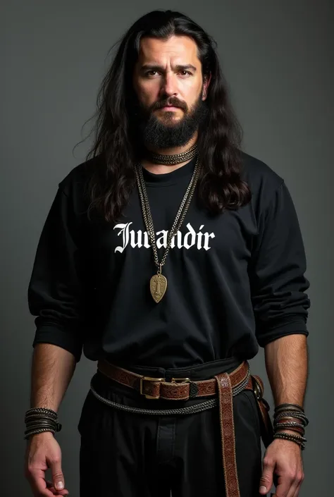 40 year old man, Square face, brunette skin, long black hair, steel cords and bracelets on the body with a black shirt written: Jurandir 