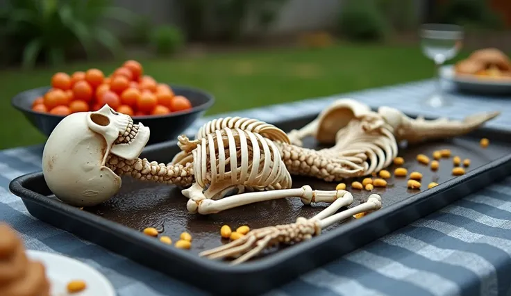 a backyard barbecue. A mermaid skeleton below the neck, flat on her back facing left with eyes closed on a serving tray on the picnic table. There are just bones to pick at below her neck. Guests are trying to get the last pieces.
