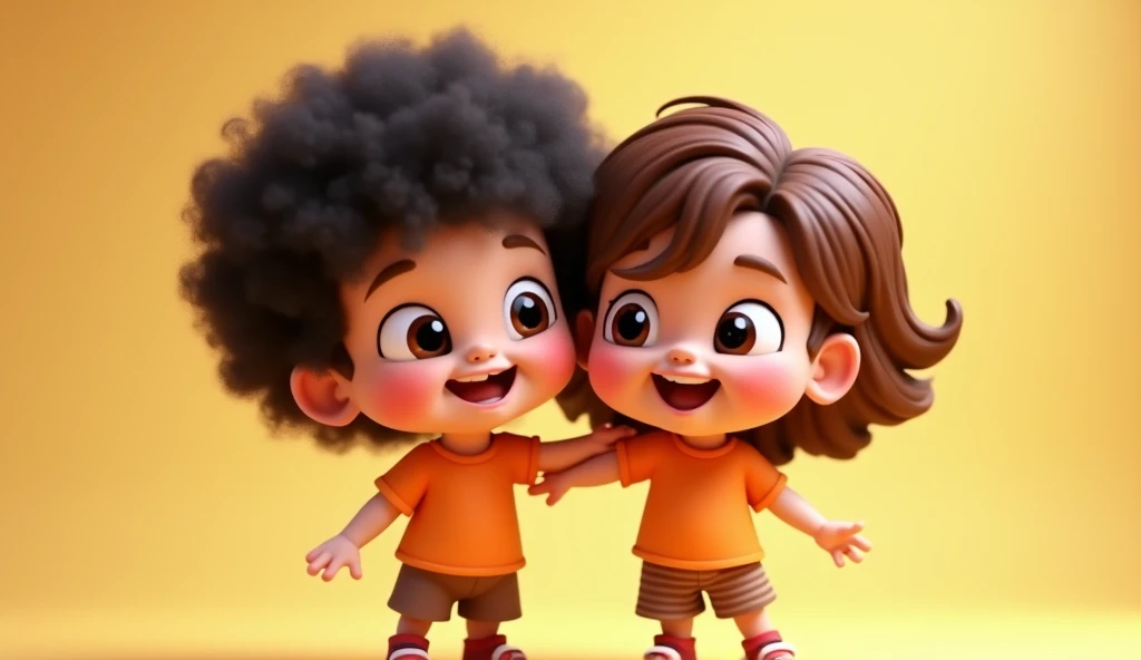  yes but fluffier hair ,  create a picture 2 preschoolers stylish hair , round face ,  playful black round eyes  ,  1 you wear a short-sleeved orange t-shirt , black hair.  a friend wearing brown striped posters white brown hair brown hair are sharing fun ...