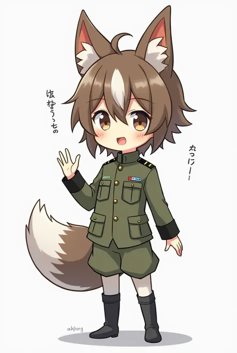 The young boy looks cute anime but the ears are animals, wearing military uniforms, seen both his body and his legs and arms.