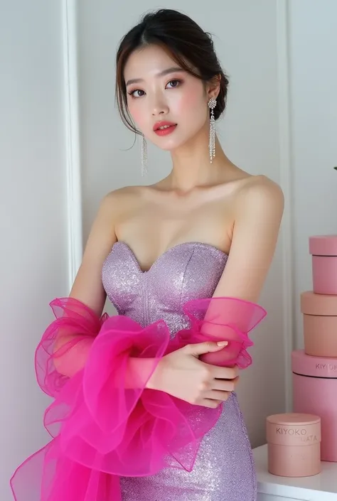 "Design an elegant Korean woman wearing a sparkling evening gown with a luxurious and sophisticated flair. The gown features a shimmering gradient in pink and lavender hues, heavily adorned with glitter and sequin details. It has a strapless design enhance...