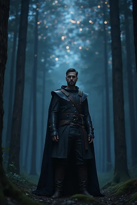 Create an image of Theo James in a forest at night with constellations in the sky ,  dressed in fantasy leather as realistic as possible and as similar and realistic as possible to the actor 