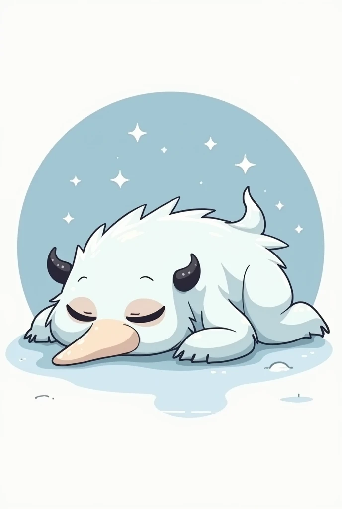 A minimalistic, anime-inspired logo featuring a full-body illustration of a sleepy, nerdy winter monster with a long nose, lying down in a relaxed position. The character has exaggerated, quirky features: large, expressive eyes with dark under-eye circles,...