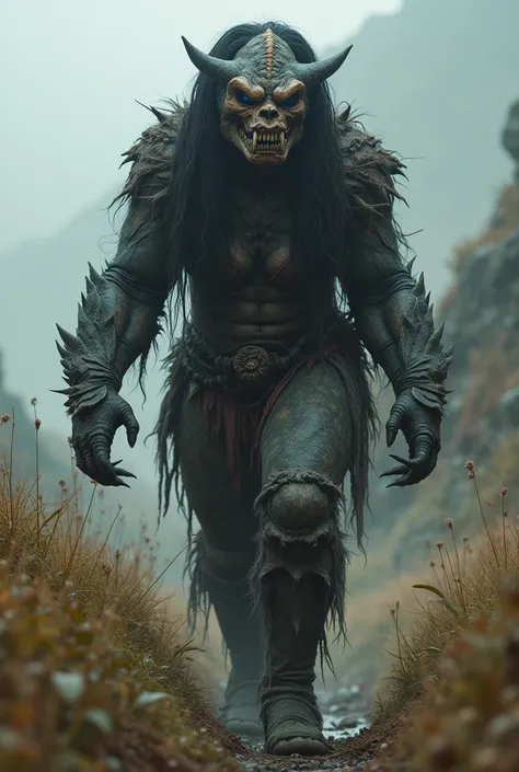  Long-haired woman with huge breasts plays the role of a predatory monster in a movie in a wilderness, using a scary predator costume , wearing a predator mask