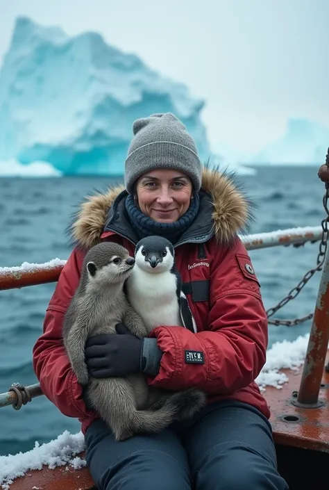   Amid the raging waters，A rusty fishing boat with a snow-capped roof is rocked and heaved， The iceberg in the distance incorporates the cold and vast ocean view 。 female crew member sitting on the boat ， she is holding a small otter and a penguin， adding ...