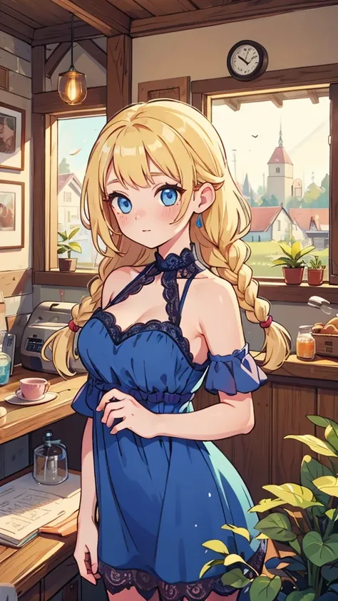 a woman in a cottage, long blonde braids, modest breasts, blue eyes, pale pink dress, lace neckline