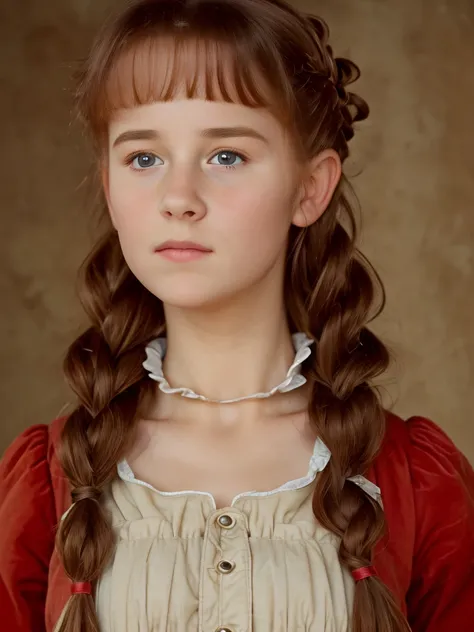 (best quality,4k,8k,highres,masterpiece:1.2),ultra-detailed,(realistic,photorealistic,photo-realistic:1.37), ((mittelalter, a young peasant girl, she wears 19 century dress, solo, shy)), ((very large bust size for her young age)), braided red hair, pale sk...