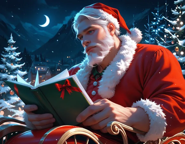 (1male, solo, (hes reading a letter)) (male is (Santa Claus), (long white beard) ), (christmas, outdoor, big sleigh, night, moonlight), (close up)