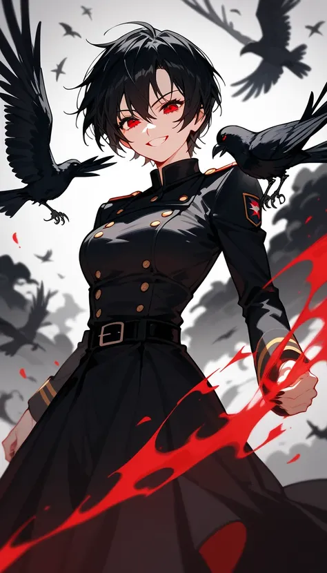 girl,Black hair, in red eyes ,Short hair,crow,smile, villains,Black and white sharp lines, Evil,ฝูงcrow,Black dress with long sleeves, Chestnut-sized, Black Long Sleeve Shirt,Aura Death ,Suriyakath ,Black Shadow Army 