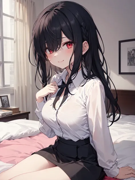  1 girl, solo,  black hair,  long hair,  hair to hide one eye, Straight Hair,  in two knots,Beautiful breasts, medium chest ,Black dress shirt, black skirt,Red eyes, Slanted Eyes,His right eye is hidden by his hair, smiles,  closes her mouth,  Seductive Sm...