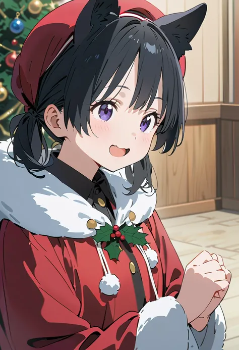 Dog Ears，   Very black hair，             black ear           ，fun，Anime Images，      girl，4K， cute，The style is good，   Christmas