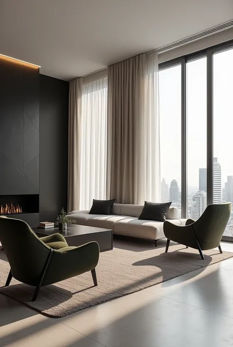 Architectural professional three-dimensional rendering of the interior design of the  elegant living room   In modern apartment in a modern and minimalist style with a console with a length of three meters and a width of one meter  black color and  one com...