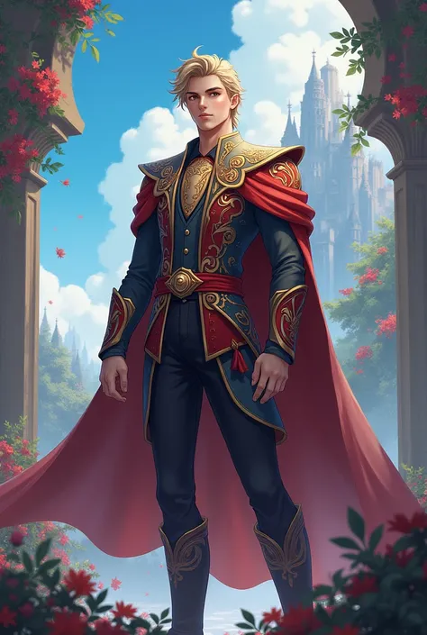 Whole body of a young man that is slightly masculine and he is a king. It should be in Anime form, he is a handsome king. He should be in a fantasy world and wears monocle 