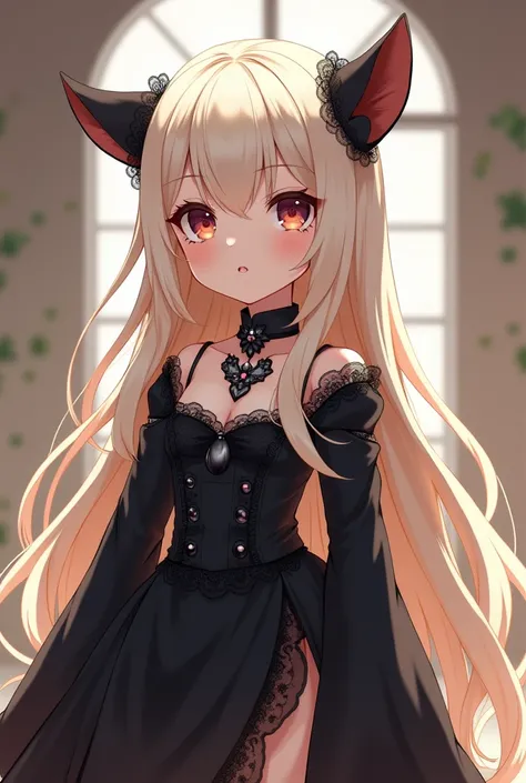 Roblox character into a anime character,beige white long hair with black lolita outfit,royalty cute