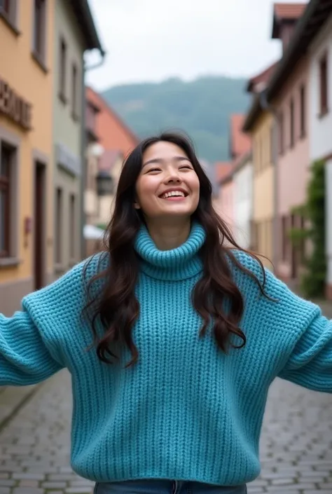 Create a Korean woman in Esslingen .  She wears a blue sweater and stretches out her arms and smiles.