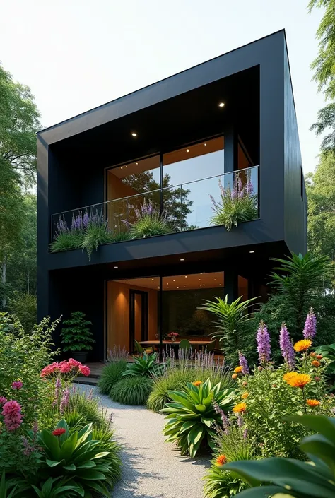 modern black colour house with glasses greeny plants colourgul flowers