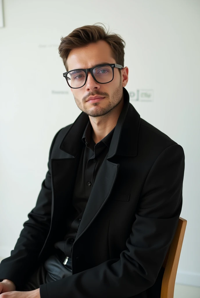 There is a handsome young man wearing a black coat and in the background there are small letters world clip It is written and the background of the man is in white color and the man is wearing transparent glasses which is making him more handsome and attra...