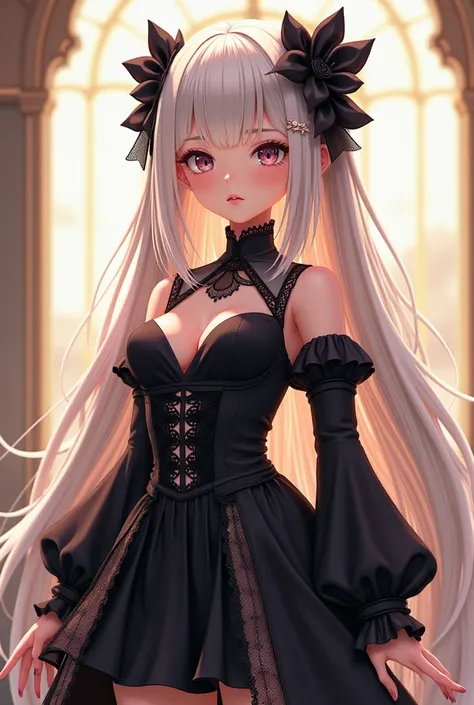 Roblox character into a anime character,beige white long hair with black lolita outfit