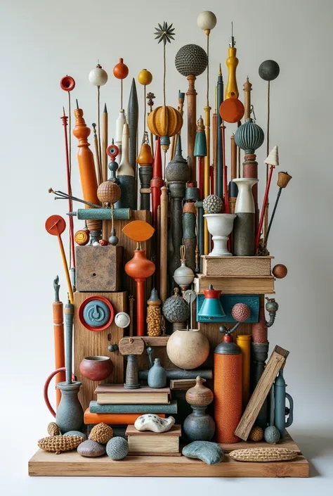 Create a mesmerizing sculpture that showcases the 
harmony between objects placed in different arrangements -
some resting on a surface, some stacked on top of each 
other, and a few hanging from threads to create a sense of 
movement. Use at least 10 obje...