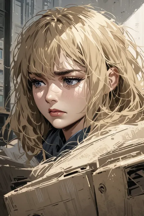 In a semi-realistic anime art style, a woman with short blonde hair is in a living room in the daytime packing a cardboard box looking sad.