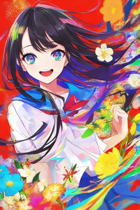 1girl, solo, skirt, black hair, colorful, long hair, serafuku, flower, school uniform, open mouth, looking at viewer, pleated skirt, smile, short sleeves, blue skirt, red background, shirt, neckerchief, bangs, sailor collar, teeth, yellow flower, abstract,...