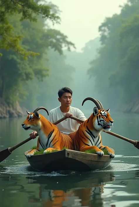 A man is rowing a goat and a tiger in a boat on a river horizontal camera angle