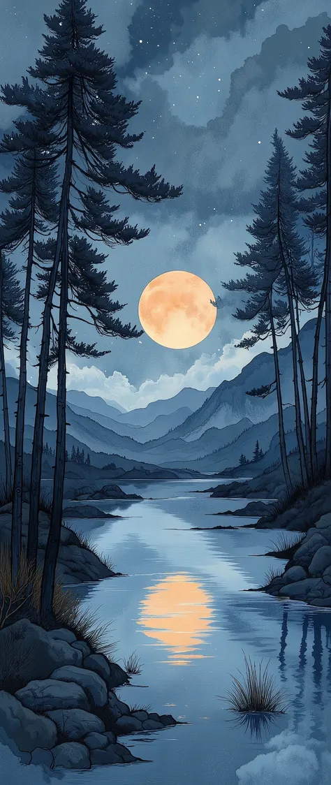 (masterpiece:1.2,Outstanding quality,Mirror finish, Best Illustration ),8k,16k,wallpaper,(Quiet Lake),(morning haze),(Quiet Lake畔の森の影),(night),(Moonlight),(Watercolor),( Dynamic ),(美しい gradient ),(Tranquility),(dark and quiet atmosphere :1.6),(wash),(Stay ...