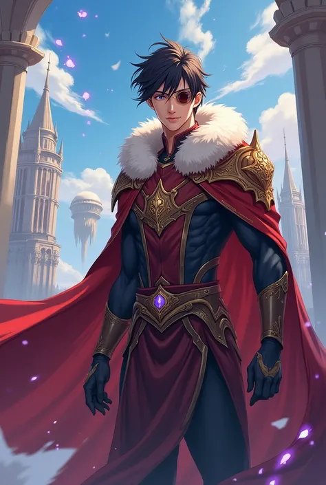 Whole body of a young man that is slightly masculine and he is a king. It should be in Anime form, he is a handsome king. He should be in a fantasy world and wears one eyepiece on his eye