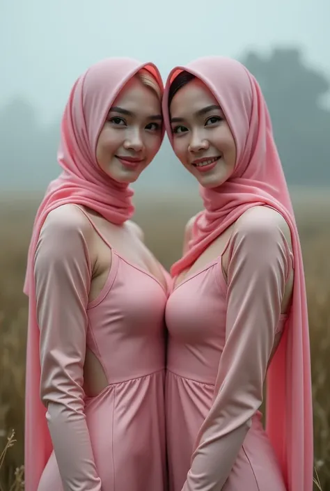  Two people Hijab from indonesia ,  one woman wearing a satin dress covering her body a very transparent pink color ,  another woman using a very transparent pink satin dress,  sensual smiling face ,  very clear close up face , more ideal, protruding breas...