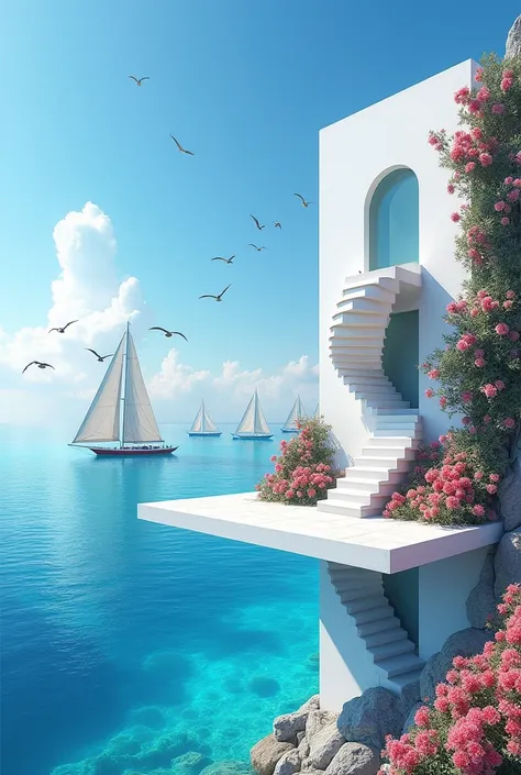 Photo dun magnifique plongeoir au milieu de la mer avec une magnifique façade blanche et remplie de belles fleurs, et des escaliers en colimaçon,  avec la mer au dessous, et des magnifiques voiliers de toute les couleurs avec les voiles dehors, qui passent...