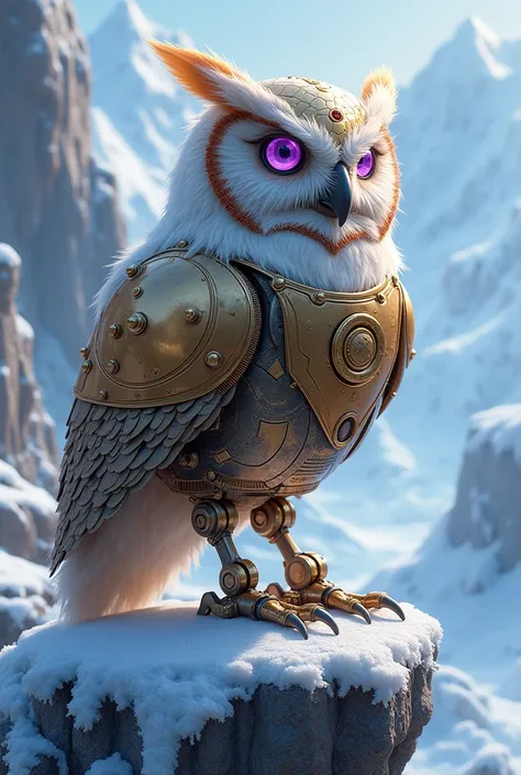 An Icebound Steampunk Fantasy illustration of a mechanical owl, blending Victorian-era mechanical elements with frosty environments. Use metallic brass and icy lavender to create a sense of innovation amid the cold. 