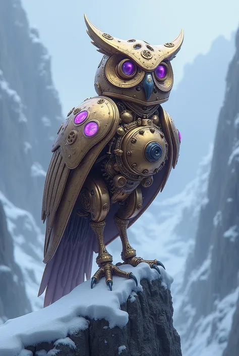 An Icebound Steampunk Fantasy illustration of a mechanical owl, blending Victorian-era mechanical elements with frosty environments. Use metallic brass and icy lavender to create a sense of innovation amid the cold. 