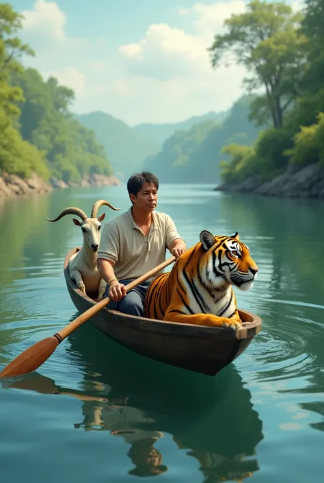 A man is rowing a goat and a tiger in a boat on a river horizontal camera angle