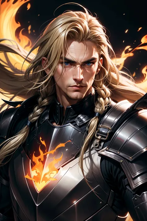 (absurdres, highres, ultra detailed, realistic, ), 1 male, solo, adult, mature, tall muscular guy, broad shoulders, handsome, (very long hair:1.4), angular jaw, thick neck, thick eyebrows, tilting head, knight, armor, flame, fire, (blonde hair), swirling w...