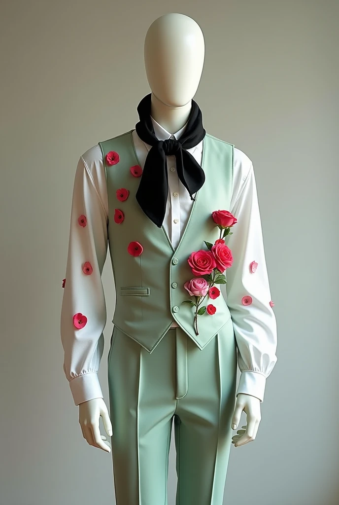  I need you to create a male mannequin that wears a white shirt with embedded red rose petals that is closed at the waist and that the sleeves of the shirt are a little loose but falling towards the shoulders towards the hand and with a light green formal ...