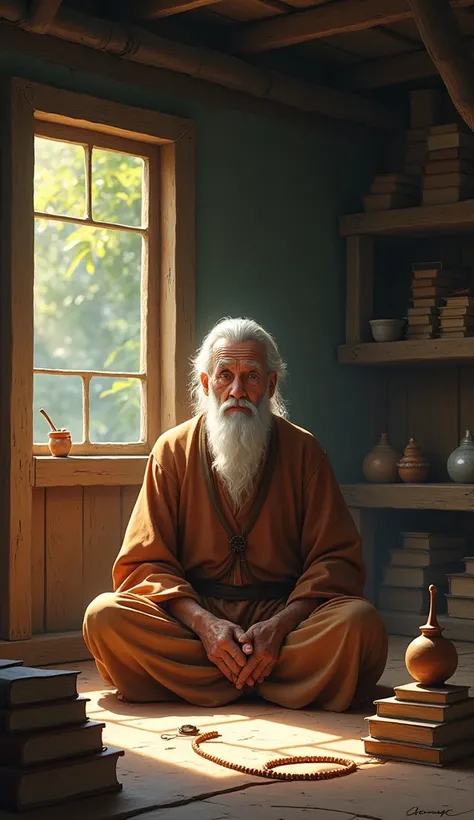 "The sage sits in his humble hut, surrounded by simple items like a clay lamp, books, and a wooden prayer bead. A faint light from the setting sun streams in, illuminating his peaceful face."