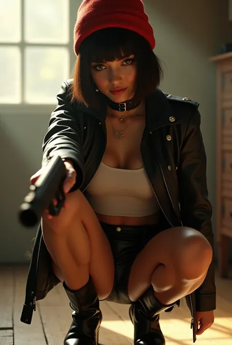 A female Matilda type assassin squatting a pose and points the gun at the viewer, looking down and smiling fearlessly at the viewer, low angle shot, bob cut hair and red beanie, black choker, Black leather cropped jacket, white tube top, black leather mini...