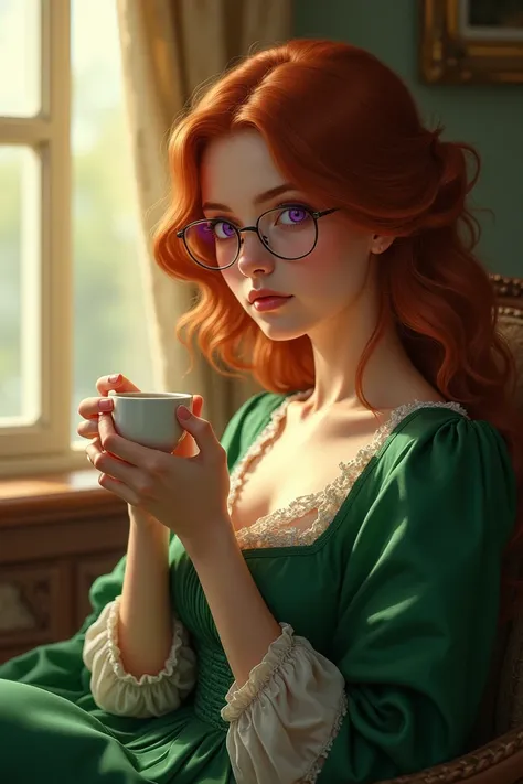 
Ginger long hair, relaxed pose, emerald green victorian style dress, purple eyes, frameless glasses, drinking green tea, warm light, opened window.