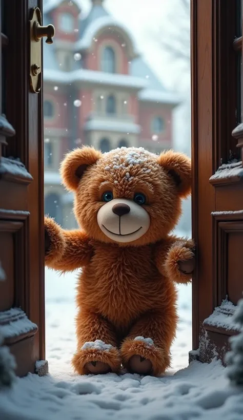 Happy teddy bear brown, cute,  bear Opens the big door of a beautiful house and looks inside, winter,Everything is covered in snow,Everything is covered in snow , in hyperrealistic close-up, CANON EOS , VERY CLOSE , bottomless