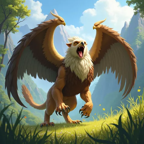 mythical griffin stands poised in a lush green valley, its majestic eagle wings spread wide, catching the sunlight. The griffin’s powerful, muscular lion’s body is grounded in the tall grass, while its sharp, golden eyes are focused on its opponent. Its po...