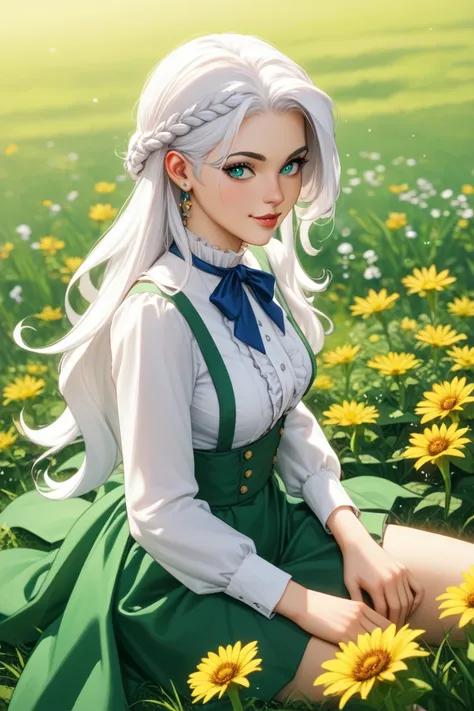 шедевр, лучшее качество),1girl with long white hair sitting in a field of green plants and flowers, рука под подбородком, теплое освещение , в белом прозрачном белье