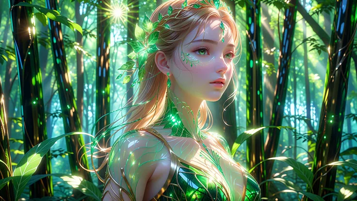 A Masterpiece In 32K Resolution, Supreme Quality, Super Detail, Official Art, Cinematic Lighting, Beautiful And Aesthetic, Ultra-Detailed Features, Very High-Resolution 32K Wallpaper. A Girl Standing Alone In A Vibrant Forest. Her Delicate, Sculpture-Like ...