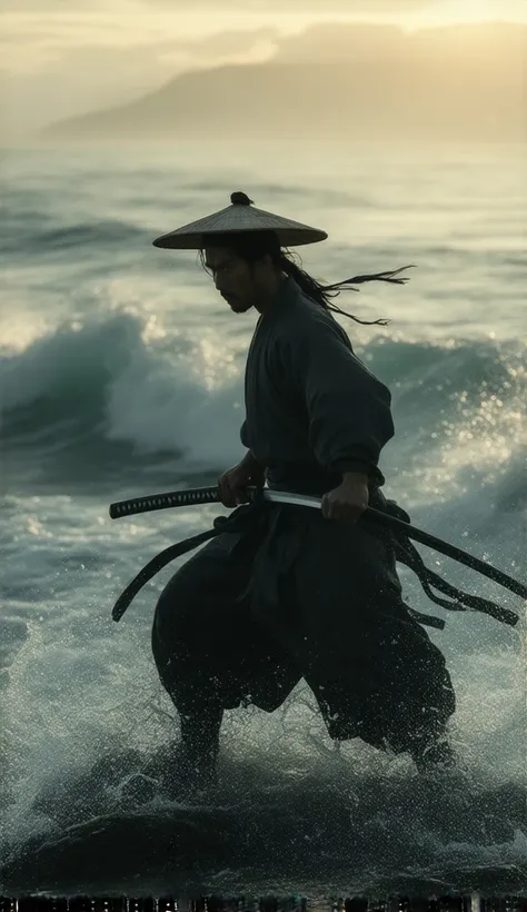 Japanese samurai warrior dynamic sword dance on the rock  gripping a katana with intense focus. He is dressed in traditional Japanese attire with a woven conical straw hat. The scene is set near a turbulent ocean with waves crashing behind him, lit by the ...