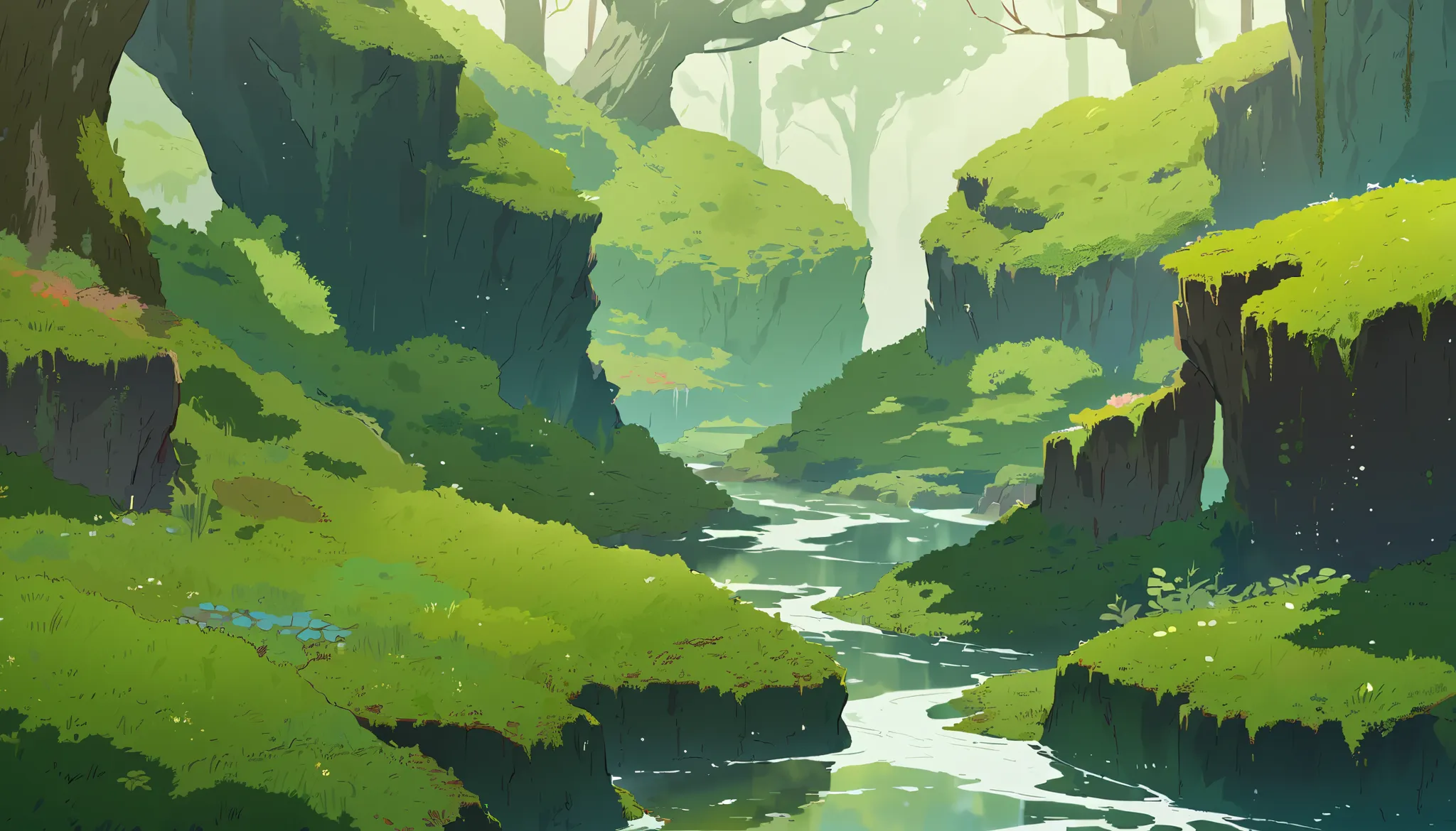 moss landscapes ,studio ghibli inspired