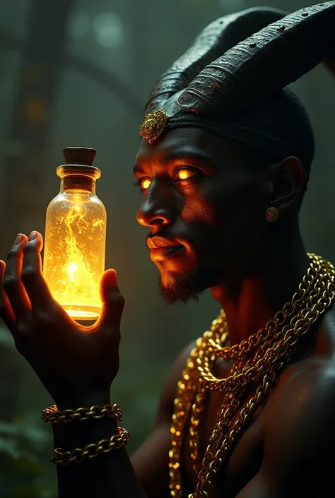 Anubis holds an open vial in front a 22year old handsome peasant man whose eyes glowing gold as an entity inside vial inhales the mans lifeforce in the form of thick golden vapour from his mouth directly into the vial .man is shackled in glowing golden cha...