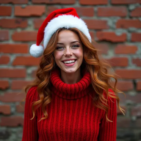 A 22y slim very well-trained woman with long curly reddish brown hair and emerald green eyes ,  with a red Santa Claus hat on her head and a thick red turtleneck sweater with a knitted pattern, stands in front of a red old brick wall and laughs breathtakin...