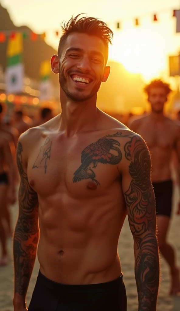  this same man at the Rio Carnival in Brazil, 20 years, sunset,  shirtless , smile,  same medium haircut ,  same tattoos , Whole crow , ,  atmosphere of joy , atletico,  black swimsuit , MEDIUM SHOT 