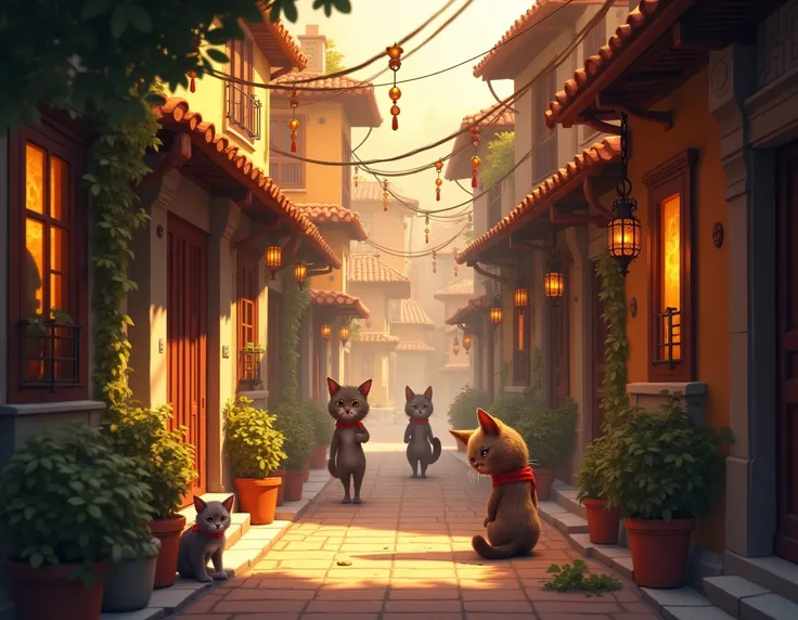 Give me an image of an alley with a palette of warm colors ,  where it is understood that it is from a world where humanoid cats live